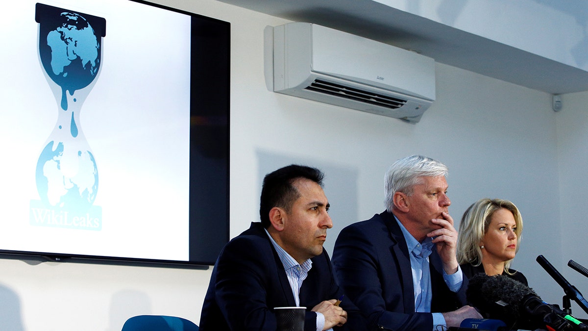 Former Consul of Ecuador to London Fidel Narvaez, WikiLeaks editor in chief Kristinn Hrafnsson and barrister Jennifer Robinson hold a news conference relating to WikiLeaks founder Julian Assange in London, Britain April 10, 2019.