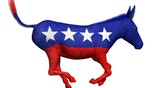 3D Render of a painted donkey galloping. The donkey is the symbol of the democratic party in the US.