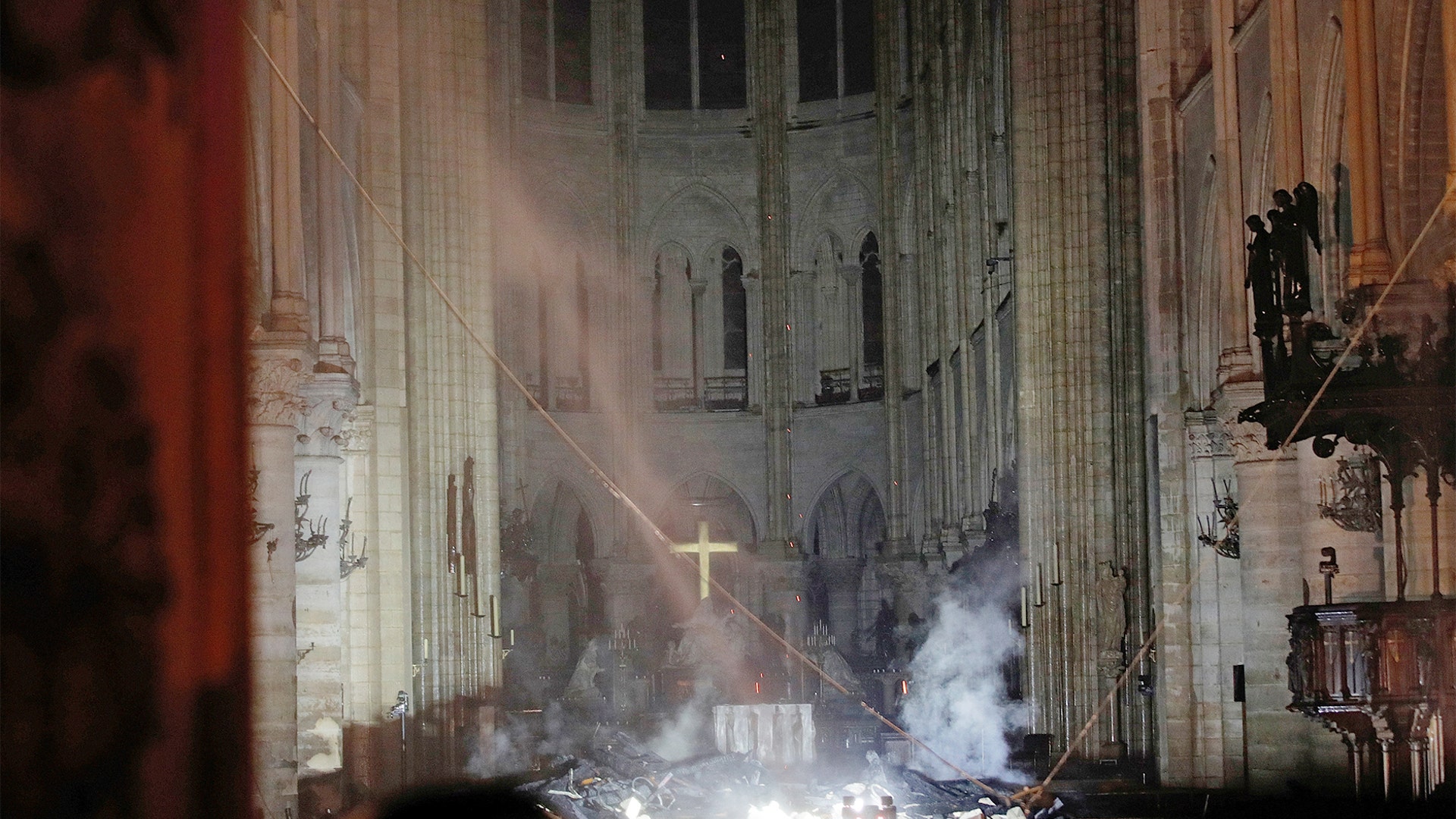 Smoke is seen in the interior of Notre Dame Cathedral.