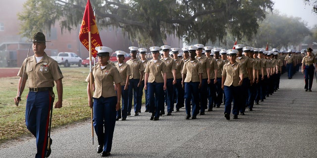 Marines with the mixed-gender India Company, 3rd Recruit Training Battalion at Marine Corps Recruit Depot Parris Island in South Carolina.
