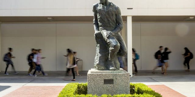 This Sept. 20, 2017 photo shows the "Prospector Pete" statue at California State University, Long Beach, Calif.