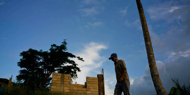 Ramon Alicea Burgos walking past his palm tree, with its top broken off one year earlier by Hurricane Maria outside his partially rebuilt home in Barranquitas, Puerto Rico, in September 2018. (AP Photo/Ramon Espinosa, File)