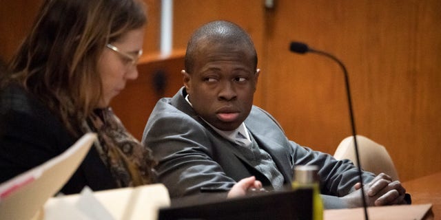 Chanel Lewis at the defense table at Supreme Court in the Queens Borough of New York for the retrial of Karina Vetrano's murder. (AP)