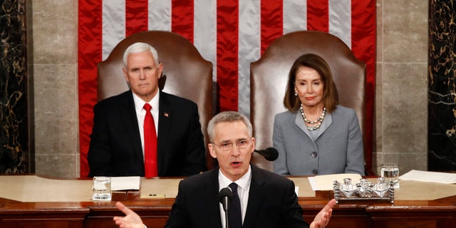 NATO Secretary General Jens Stoltenberg, accompanied by then-Vice President Mike Pence and House Speaker Nancy Pelosi addresses a Joint Meeting of Congress (AP Photo/Patrick Semansky)