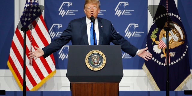 President Donald Trump speaks at an annual meeting of the Republican Jewish Coalition, Saturday, April 6, 2019, in Las Vegas. (AP Photo/John Locher)