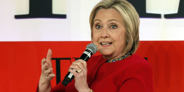 Hillary Clinton speaks during the TIME 100 Summit, in New York, Tuesday, April 23, 2019. (AP Photo/Richard Drew)