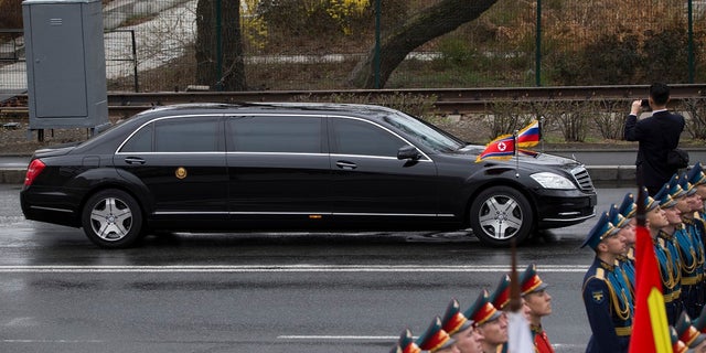 North Korean leader Kim Jong Un's limousine arrives for a wreath-laying ceremony in Vladivostok, Russia, Friday, April 26, 2019. (Associated Press)