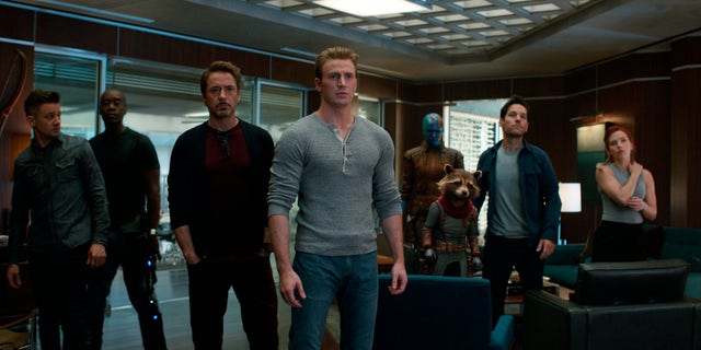 Jeremy Renner, Don Cheadle, Robert Downey Jr., Chris Evans, Karen Gillan, the character Rocket, voiced by Bradley Cooper, Paul Rudd and Scarlett Johansson in a scene from “Avengers: Endgame.”