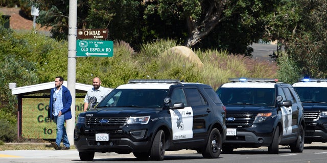 San Diego County Sheriff's vehicles seen lined up outside of the Chabad of Poway Synagogue on Saturday in Poway, Calif. Several people were injured in a shooting at the synagogue. (AP Photo/Denis Poroy)