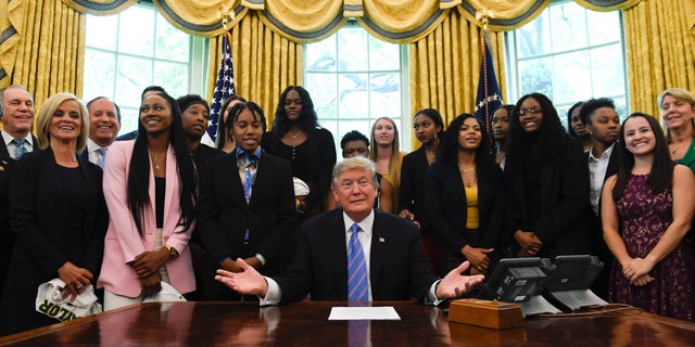 President Trump welcomes members of the Baylor Women's Basketball Team, who are the NCAA 2019 Division 1 Women's National Basketball Champions, at the White House Oval Office on April 29, 2019. ( Photo AP / Susan Walsh)
