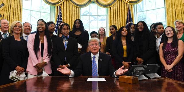 President Trump welcomes members of the Baylor women's basketball team, who are the 2019 NCAA Division I Women's Basketball National Champions, to the Oval Office of the White House on April 29, 2019. (AP Photo/Susan Walsh)