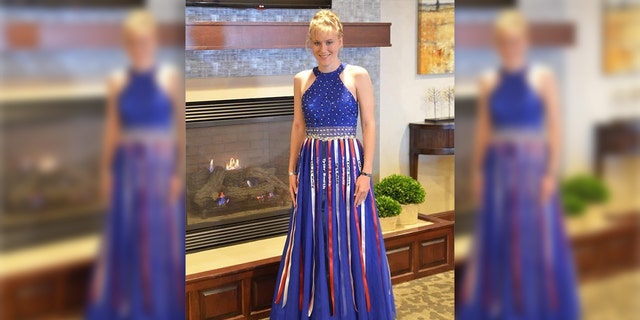 Aubrey Headon, who attends Rochelle Township High School in Rochelle, Ill., designed the patriotic dress to resemble an American flag.