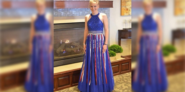 Aubrey Headon, who attended Rochelle Township High School in Rochelle, Illinois, designed the patriotic dress to look like an American flag.