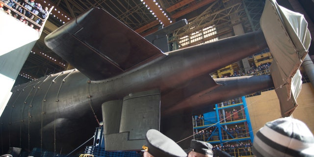 The Belgorod nuclear-powered submarine that carries Poseidon strategic underwater drones during the launching ceremony.