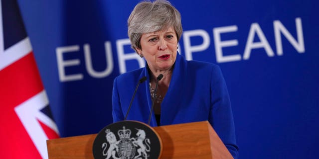 British Prime Minister Theresa May speaks during a media conference at the conclusion of an EU summit in Brussels, Thursday, April 11, 2019. European Union leaders on Thursday offered Britain an extension to Brexit that would allow the country to delay its EU departure date until Oct. 31. (AP Photo/Francisco Seco)