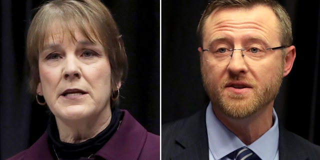 FILE--In this March 15, 2019 file photo, Wisconsin Supreme Court candidates Lisa Neubauer, left, speaks during a debate with opponent Brian Hagedorn, right, at the Wisconsin State Bar Center in Madison, Wis.