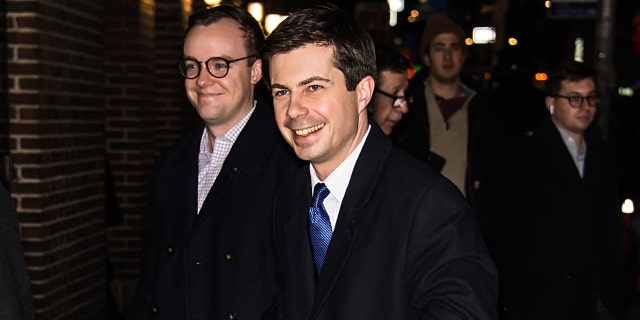 2020 Democratic Presidential candidate Pete Buttigieg (R) and husband Chasten Glezman are seen arriving at 'The Late Show With Stephen Colbert' at the Ed Sullivan Theater on February 14, 2019 in New York City. (Photo by Gilbert Carrasquillo/GC Images)