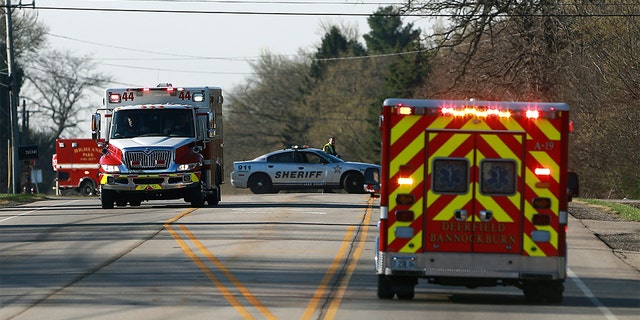 Police and emergency personnel respond to a hazardous materials situation that was blocking roads and closing schools in Beach Park, Illinois on Thursday, April 25, 2019 (Joe Shuman / Chicago Tribune via AP)
