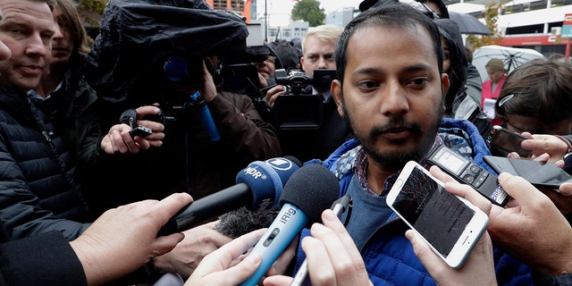 Tofazzal Alam, a survivor of the Linwood Mosque shootings, speaks to the media outside the High Court in Christchurch, New Zealand on Friday. (Associated Press)