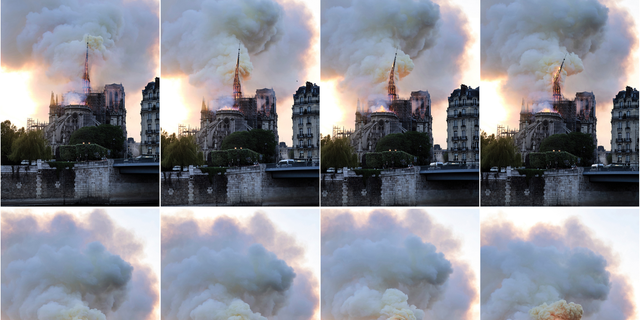 In this combination of photos, flames and smoke rise as the spire on the Notre Dame Cathedral collapses during a fire in Paris, Monday, April 15, 2019.Â 