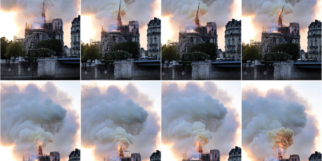 In this combination of photos, flames and smoke rise as the spire on the Notre Dame Cathedral collapses during a fire in Paris, Monday, April 15, 2019.Â 