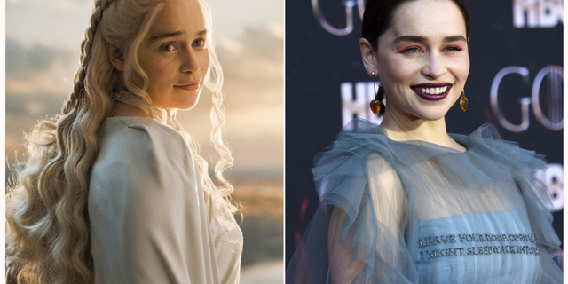 This combination photo shows Emilia Clarke at HBO's "Game of Thrones" final season premiere in New York on April 3, 2019, right, and her character Daenerys Targaryen.