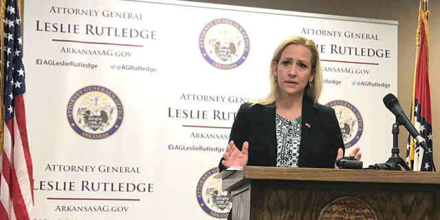 Arkansas Attorney General Leslie Rutledge speaks at a news conference in Little Rock, Arkansas Thursday, April 25, 2019. (AP Photo/Andrew DeMillo)