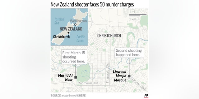 Graphic locates two mosques in Christchurch, New Zealand, where two mass shootings occurred;