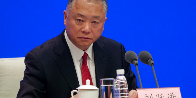 Liu Yuejin, vice commissioner of the National Narcotics Control Commission, speaks during a press conference in Beijing on April 1, 2019. (AP Photo/Sam McNeil)
