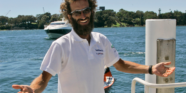 FILE - In this Sunday, Dec. 14, 2008 file photo, Italian solo rower Alex Bellini arrives at the Opera House in Sydney, Australia. Italian explorer Alex Bellini plans to travel down the world’s 10 most polluted rivers on make-shift rafts, tracing the routes of plastics that pollute the world’s oceans. Bellini said Thursday April 4, 2019 that he was inspired by a 2018 study by a German scientist that found 80% of plastic in the oceans arrives from just 10 rivers. (AP Photo/Rob Griffith, File)