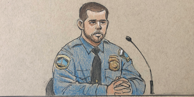 This courtroom sketch depicts Minneapolis police officer Matthew Harrity as he testifies Thursday, April 18, 2019, in Minneapolis, Minn., during the murder trial of former Minneapolis police officer Mohamed Noor, his former partner, who fatally shot an unarmed Australian woman, Justine Ruszczyk Damond, in July 2017, after she called 911 to report a possible sexual assault behind her home. Harrity testified Thursday that he heard a thump on the officers' squad car right before the shooting and feared a possible ambush. Harrity's testimony echoed Noor's claim that he was startled by a noise and feared ambush when he fired a single shot killing Damond. (Cedric Hohnstadt via AP)