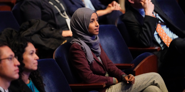 FILE - In this Nov. 15, 2018 file photo, Rep.-elect IIhan Omar, D-Minn., center, listens during member-elect orientations on Capitol Hill in Washington. A western New York man has been charged with threatening to kill U.S. Rep. Omar of Minnesota. Federal prosecutors announced Friday, April 5, 2019, that Patrick Carlineo Jr. was arrested after placing a threatening call to Omar’s office in Washington, D.C. (AP Photo/Pablo Martinez Monsivais, File)