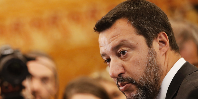 Italian Interior Minister and Vice Premier Matteo Salvini answers reporters during a media conference at the G7 Interior Ministers meeting in Paris, Friday, April 5, 2019. The world's security challenges are on the top of the agenda of foreign and interior ministers of the Group of Seven countries who are gathering in France. (AP Photo/Christophe Ena)