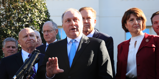 Rep. Rep. Steve Scalise, R-La., center, together with other Republican members of Congress, speaks to reporters outside the West Wing of the White House following a meeting with President Donald TrumpTuesday, March 26, 2019. Scalise is the ranking member on the House Select Committee on the Coronavirus Crisis. (AP Photo/Manuel Balce Ceneta)