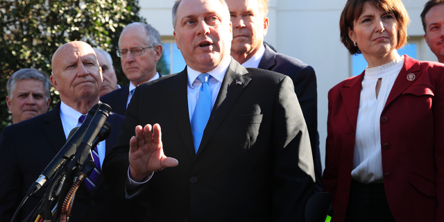 Rep. Rep. Steve Scalise, R-La., center, together with other Republican members of Congress, speaks to reporters outside the West Wing of the White House following a meeting with President Donald TrumpTuesday, March 26, 2019. Scalise is the ranking member on the House Select Committee on the Coronavirus Crisis. (AP Photo/Manuel Balce Ceneta)