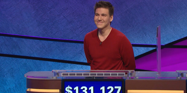 FILE - This file image made from video and provided by Jeopardy Productions, Inc. shows "Jeopardy!" contestant James Holzhauer on an episode that aired on April 17, 2019. On his 14th appearance Tuesday, April 23, 2019, Holzhauer eclipsed the $1 million mark in winnings. (Jeopardy Productions, Inc. via AP)