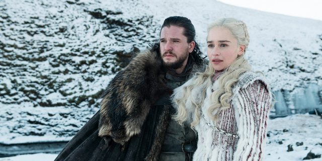 Kit Harington as Jon Snow and Emilia Clarke as Daenerys Targaryen in a scene of 