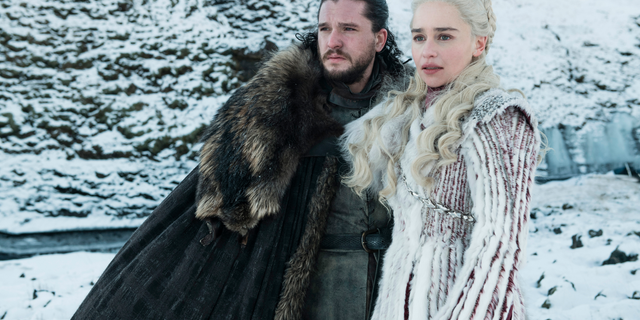 Kit Harington as Jon Snow and Emilia Clarke as Daenerys Targaryen in a scene from "Game of Thrones."