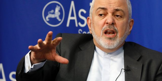 Iran's Foreign Minister Mohammad Javad Zarif speaks at the Asia Society in New York, Wednesday, April 24, 2019. (AP Photo/Richard Drew)