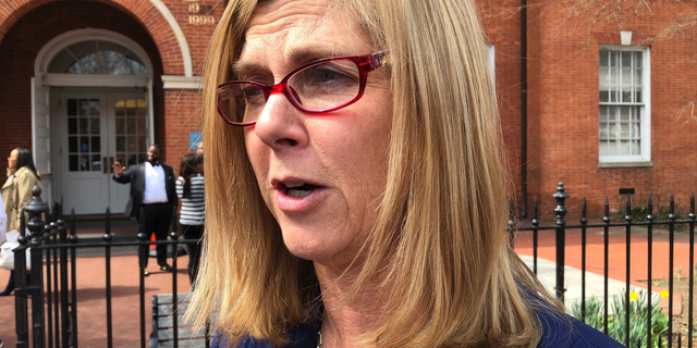 Anne Arundel County State’s Attorney Anne Colt Leitess talks to reporters on Thursday, April, 4, 2019 in Annapolis, Md., after a judge delayed the trial of a man charged with killing five people at the Capital Gazette newsroom from June to November. (AP Photo/Brian Witte)