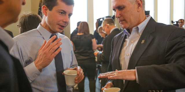 Though Pete Buttigieg and Mike Pence worked together in Indiana, they have since had a public dispute, after Buttigieg criticized the vice president for his belief that homosexuality is a choice.<br data-cke-eol="1">
(Robert Franklin/South Bend Tribune via AP)