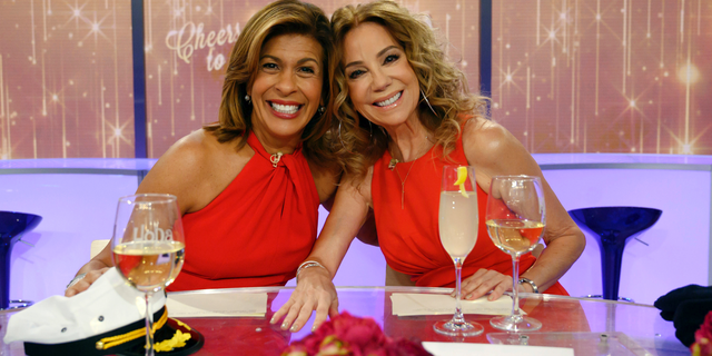 This image released by NBC shows "Today" show hosts Hoda Kotb, left, and Kathie Lee Gifford on the set in New York, Friday, April 5, 2019, on Gifford's last day as co-host. (Nathan Congleton/NBC via AP)