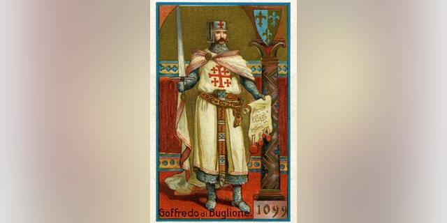 Chromo illustration (from the Liebig figurine series) of Duke of Lower Lorraine, Goffredo di Buglione (1061 - 1100), Italy, circa 1900. As Goffredo III (between 1089 - 1100), he participated in the first Crusade (1096 - 1099).