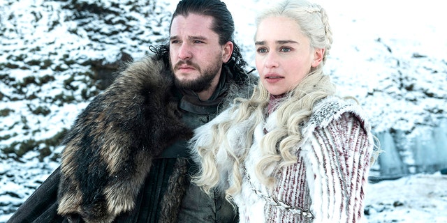 'This photo released by HBO shows Kit Harington as Jon Snow, left, and Emilia Clarke as Daenerys Targaryen in a scene from "Game of Thrones.'