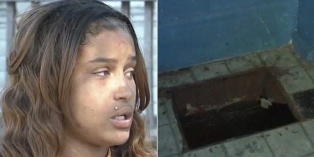 Dasiah Jordan, left, and the hole her daughter fell into last year.