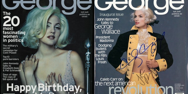 George magazine covers feature Drew Barrymore as Marilyn Monroe (left) and Cindy Crawford as George Washington (right).