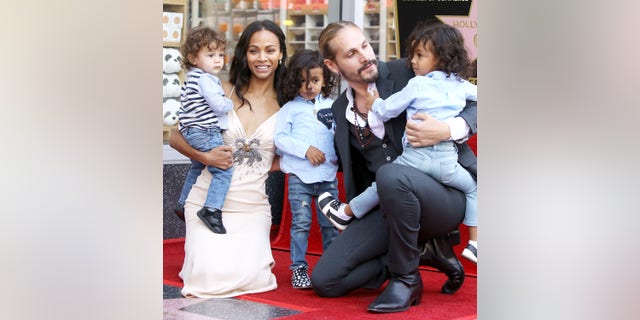 Zoe Saldana with her husband, Marco Perego, and their children, Bowie Ezio Perego-Saldana, Cy Aridio Perego-Saldana and Ezio Perego attend the ceremony honoring Zoe Saldana with A Star on The Hollywood Walk of Fame
