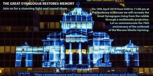 The blue image, a virtual reconstruction projected against a glass building that’s now where the synagogue once stood, will serve to commemorate the 76th anniversary of the Warsaw Ghetto Uprising.
