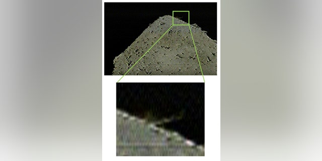 This image captured by the separate Hayabusa2 camera (DCAM3) shows an ejection of the Ryugu surface, caused by the collision between the SCI and Ryugu.