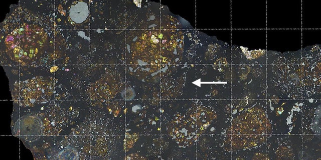 The arrow in this view of the LaPaz meteorite indicates where scientists have found the carbon-rich comet fragment. The colors are produced by the polarized light that shines through a thin slice of the meteorite; the grid lines are spaced one millimeter apart. (Credit: Carles Moyano-Cambero / Institute of Space Sciences, Barcelona)